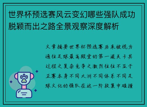 世界杯预选赛风云变幻哪些强队成功脱颖而出之路全景观察深度解析