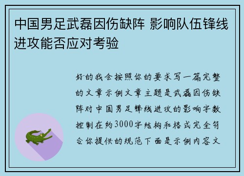 中国男足武磊因伤缺阵 影响队伍锋线进攻能否应对考验