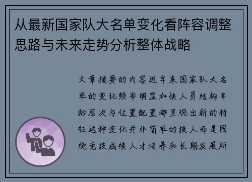 从最新国家队大名单变化看阵容调整思路与未来走势分析整体战略